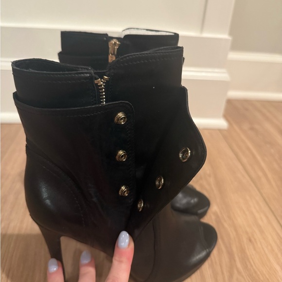 BCBGeneration Black Leather Peep Toed Heeled Booties - Picture 2 of 4